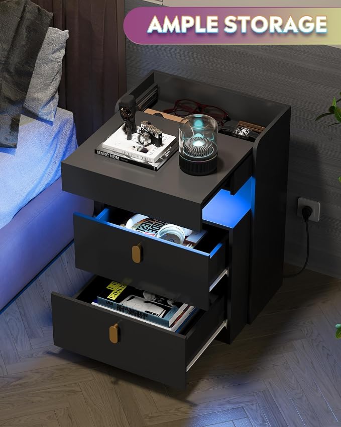 WLIVE Black LED Nighstand with Charging Station, Night Stand with Sliding Top and 2 Drawers, Modern Bedside Table End Tables with Hidden Space for Bedroom, Living Room, Black - Image 3