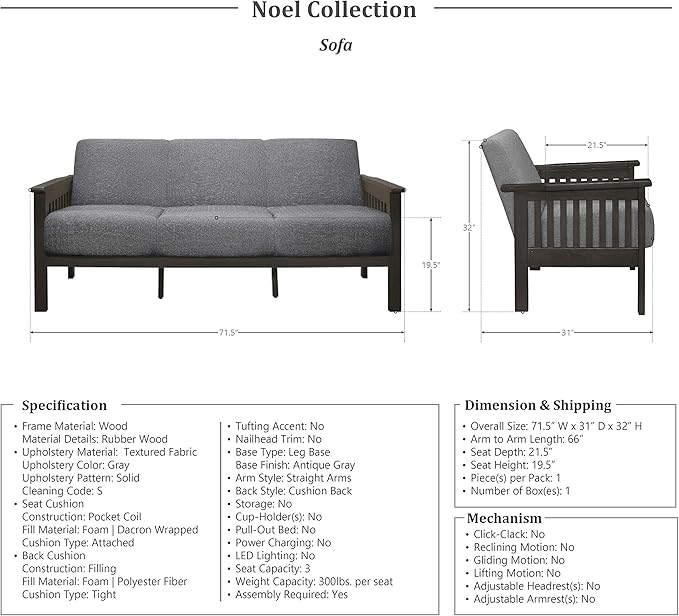 Lexicon Noel 75.5" W Fabric Living Room Sofa Couch, Gray