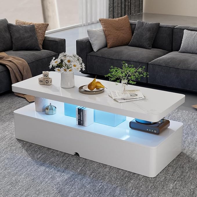 40" Modern Smart LED Coffee Table with Remote Control, 2-Tier Rectangle Center Table for Living Room - Large Storage, High Glossy Surface, RGB Color Changing Lights, White