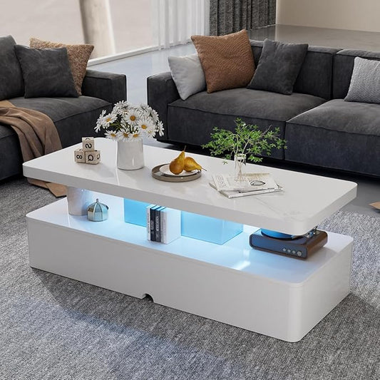 40" Modern Smart LED Coffee Table with Remote Control, 2-Tier Rectangle Center Table for Living Room - Large Storage, High Glossy Surface, RGB Color Changing Lights, White