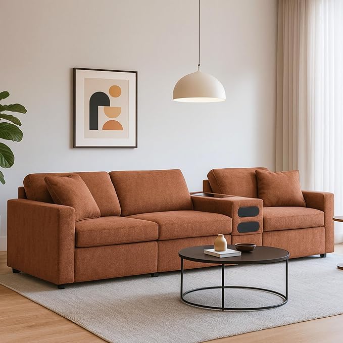 Signature Design by Ashley Modmax Urban Modular Stain Resistant 4-Piece Sectional with Audio Console, Drawer Storage, USB Ports and 2 Accent Pillows, Orange