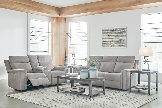 Signature Design by Ashley Barnsana Minimalist Power Reclining Sofa with USB Charging Ports, Light Gray