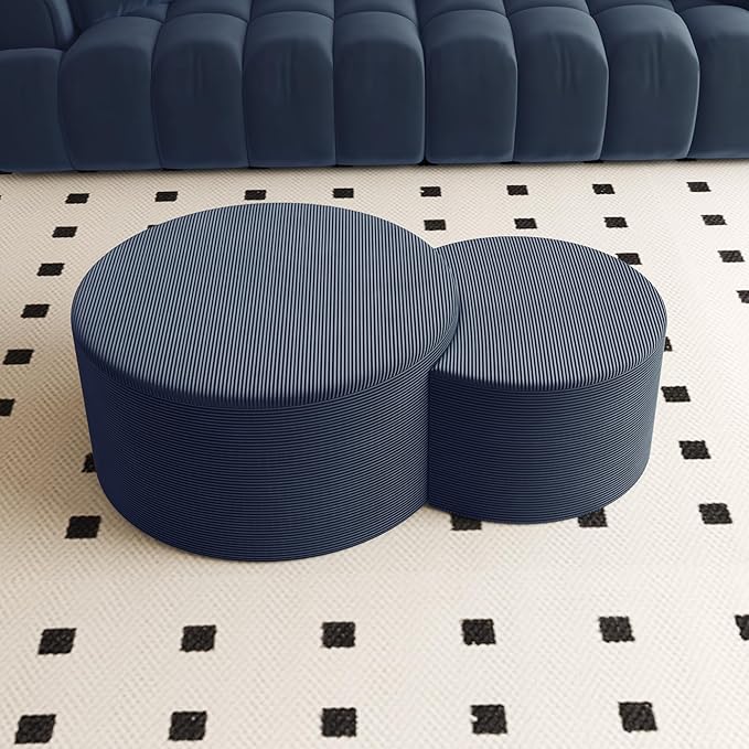 Nesting Coffee Table Set of 2, Upholstered Round Corduroy Circle Foam Round Side Table for Living Room, Entryway Set, 32"+17" Footrest No Assembly (Blue, 32"+17")