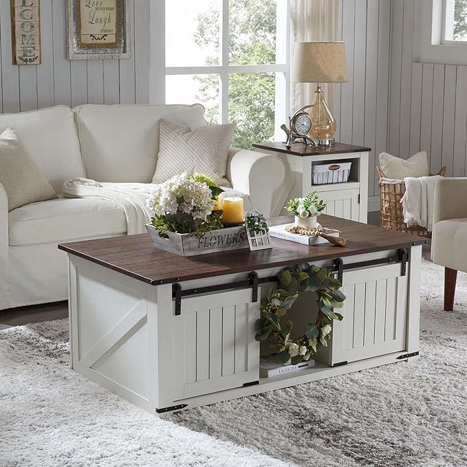 48" Lift Top Coffee Table, Farmhouse Cocktai with Sliding Groove Barn Door, Rustic Wood Center Table w/Double Storage Spaces for Living Room, White