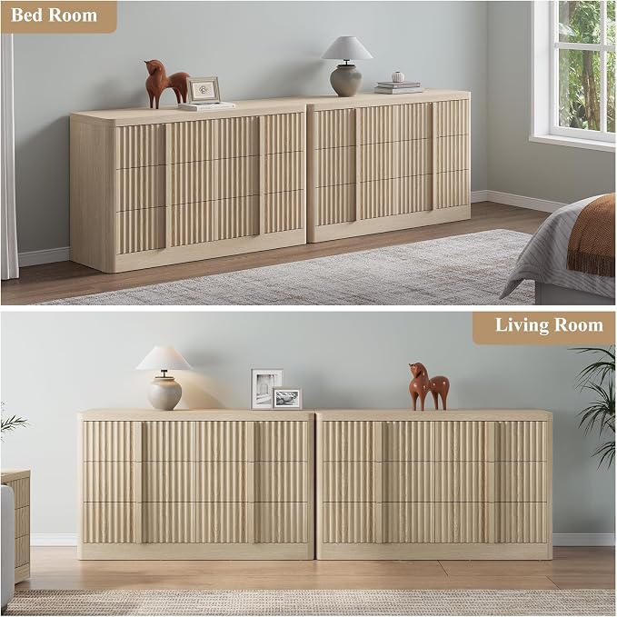 YANSNWO Fluted Dresser for Bedroom, 47" Wide 6 Drawer Dresser, Curved Profile Design, Modern Chest of Drawers with Solid Wood Handle for Bedroom, Living Room, Hallway, Natural Oak - Image 7
