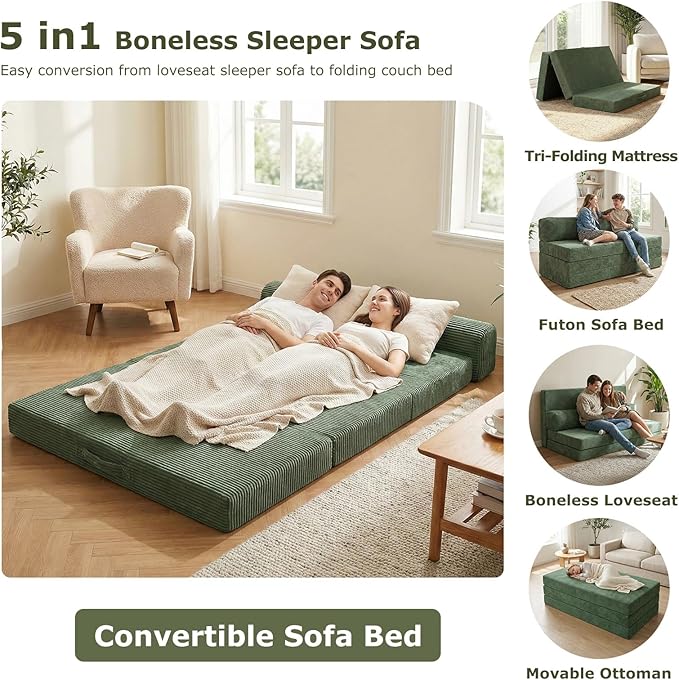 5-in-1 Convertible Sofa Bed Full Size, Boneless Loveseat Sleeper with Removable Cushions & Washable Cover, Futon Sofa Bed with Handle, Pull Out Couch for Small Spaces, Grey
