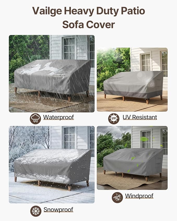 Vailge Heavy Duty Patio Sofa Cover, 100% Waterproof 3-Seater Outdoor Sofa Cover,Lawn Patio Furniture Covers with Air Vent and Handle,93" Wx 40" Dx 35" H,Grey - Image 6