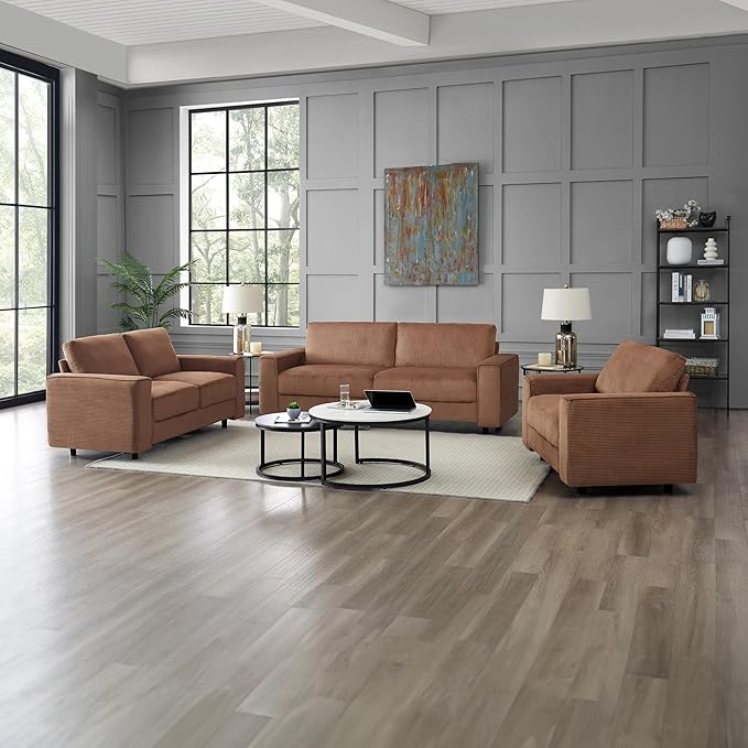 AC Pacific Derek 3 Piece Modern Corduroy Couches for Living Room, Tufted Sofas with Plush Upholstery, High-Density Foam, Sleek Black Legs, Durable Wooden Frame, Sofa, Loveseat and Chair Set, Brown