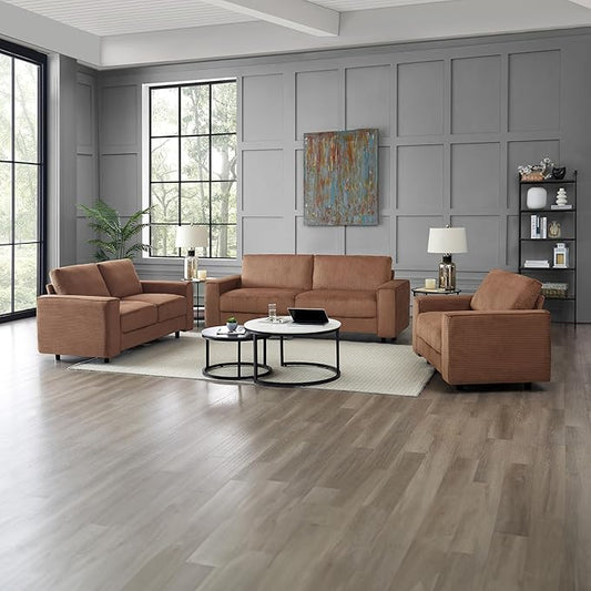 AC Pacific Derek 3 Piece Modern Corduroy Couches for Living Room, Tufted Sofas with Plush Upholstery, High-Density Foam, Sleek Black Legs, Durable Wooden Frame, Sofa, Loveseat and Chair Set, Brown