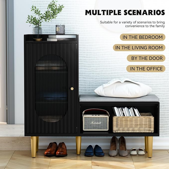 HLR Storage Bench with Glass Door&Shelf, Modern Entryway Shoe Cabinet Bench with Padded Seat, L-Shaped Storage Cabinet for Hallway, Bedroom, Living Room, Office, Black - Image 5