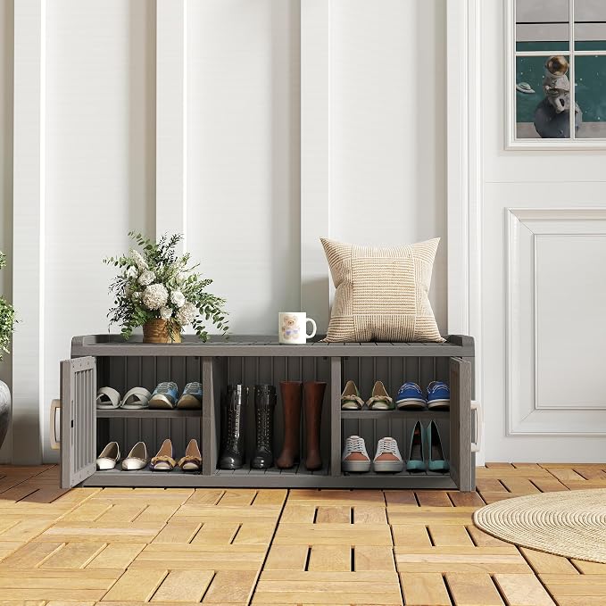 NUNU LAB Shoe Storage Cabinet, Waterproof Shoe Organizer with Adjustable Shelves, UV-Resistant Entryway Shoe Cabinet Bench with 2 Barn Doors for Indoor Outdoor, Foyer, Hallway, Living Room,Grey - Image 9