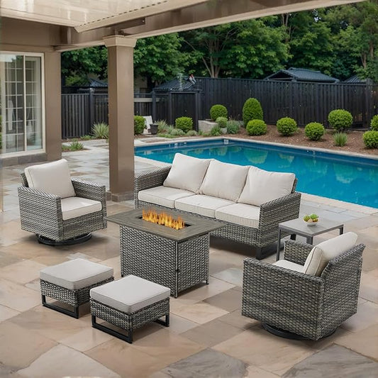 7 Piece Wicker Patio Furniture with Fire Pit Table - Outdoor Conversation Set with 50,000 BTU Fire Pit, All Weather Rattan Patio Set for Deck Backyard Garden - Grey Wicker Beige Cushion
