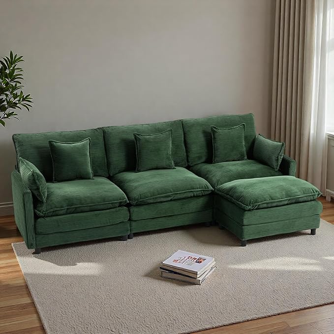 L Shaped Cloud Sofa, 4-Seater Modular Couch with Double Layer Upholstered Seat Cushion, Corduroy Sleeper Sofa with Ottoman & Pillows, Couches for Living Room, Bedrooms & Apartments, Green