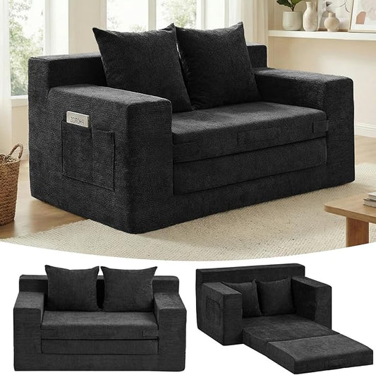 Boneless Loveseat Sleeper Sofa Bed: 3-in-1 Convertible Sofa Bed with Side Pockets & Handle,Pull Out Couch with 2 Pillows,Folding Futon for Small Space,Living Room & Bedroom,Chenille Fabric,No Assembly