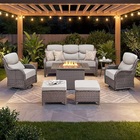 Luxury Patio Furniture Set with 6-inch Thick Cushion, Outdoor Furniture with Fire Pit Table, Swivel Chairs, Sofa, Side Table, Ottomans, 7pcs Wicker Conversation Set for Deck Yard and Poolside(Beige)