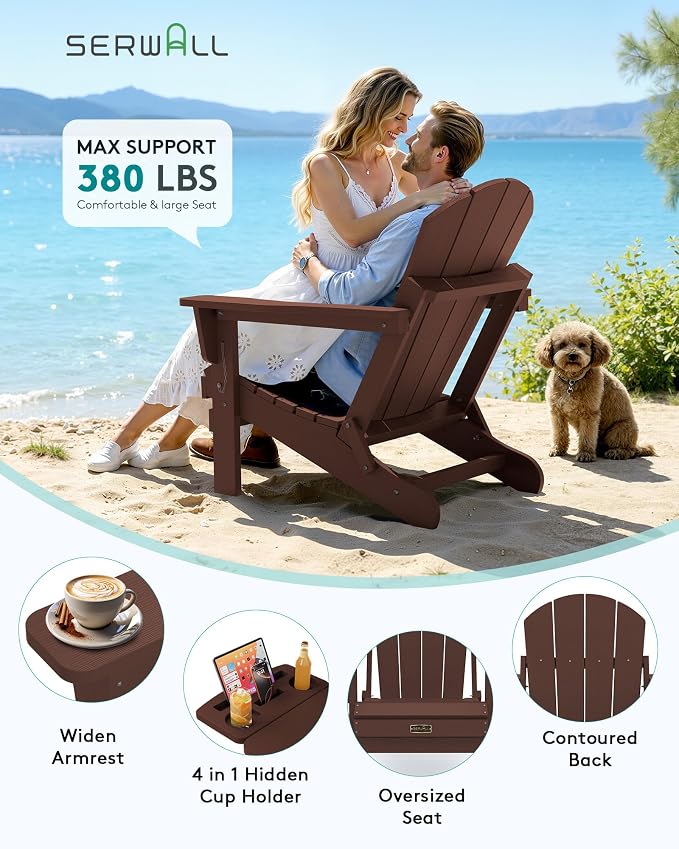 SERWALL Folding Adirondack Chair for Outdoor, Paito Adirondack Chairs with 4 in 1 Cup Holder, All-Weather Patio Chairs with Wood Texture, Fire Pit Chairs for Deck Porch Garden Poolside -Coffee - Image 7