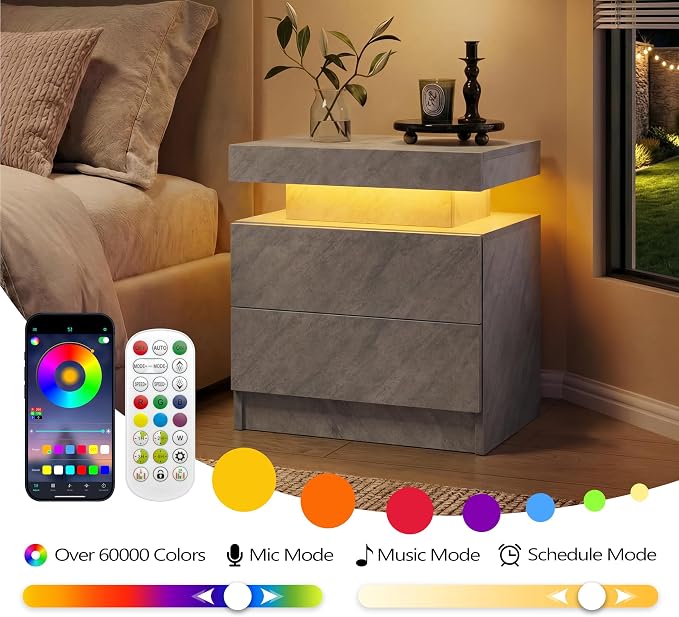i-aplus LED Night Stand Modern Bedside Tables for Bedroom Grey Nightstand with 2 Drawers for Bedroom, Living Room - Image 6