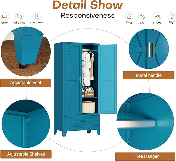 Metal Armoire Wardrobe Closet with Drawers, 71" Wardrobe Cabinet with Adjustable Shelves and Hanging Rod for Bedroom, Blue Metal Closet Storage Cabinet with 2 Doors & 1 Drawer
