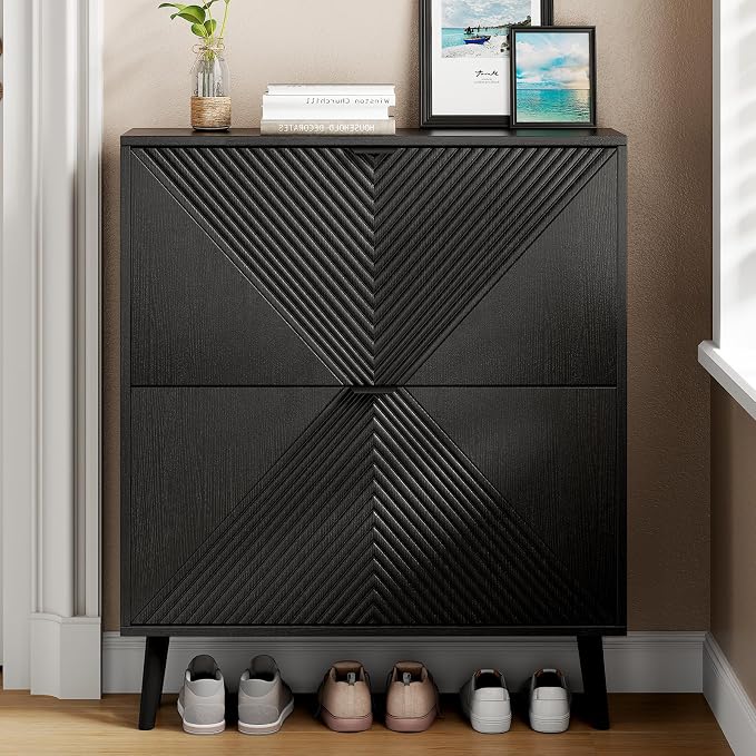 oakvivo Shoe Cabinet Storage, Farmhouse Freestanding Organizer with 2 Flip Drawers and 4 Wooden feet, Narrow Shoe Rack Cabinet for Entryway, Foyer, Hallway, Black - Image 7