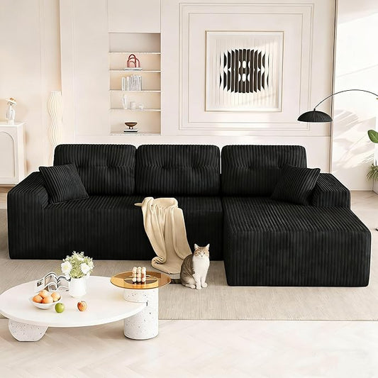 Ball & Cast 106'' Convertible Sectional Sofa for Living Room,Modern Modular L-Shaped Couch,Boneless Comfy Corduroy Fluffy Couch with Deep Seat,Hight Weight Capacity,Right Facing Chaise (Black)
