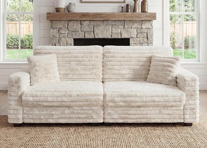 Plush Corduroy Sofa, Faux Fur Corduroy Loveseat, Oversized Deep Seat Sofa with 2 Pillows, Apartment and Small Space Sofas, Beige
