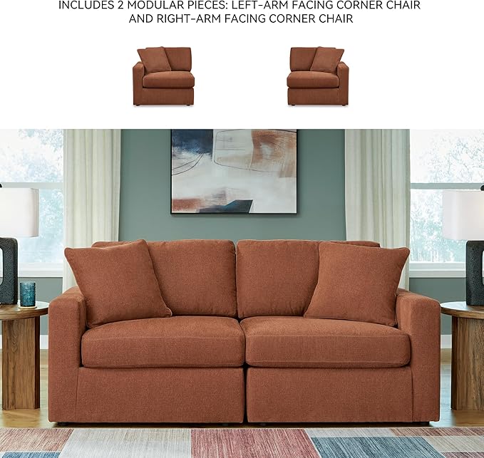 Signature Design by Ashley Modmax Modern Modular Stain Resistant 2-Piece Loveseat with Removable Covers and 2 Accent Pillows, Orange