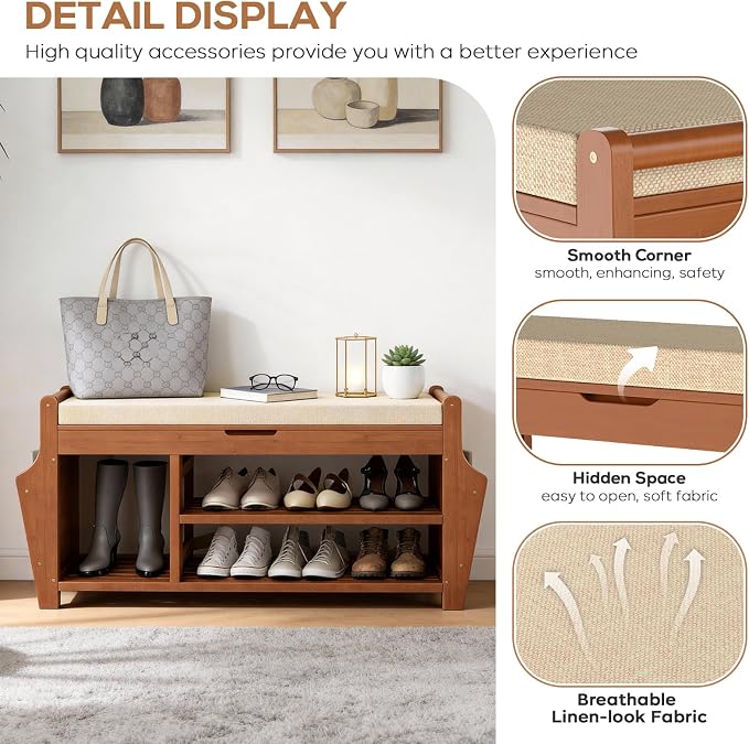 oakvivo 47.2in Shoe Bench Entryway - Bamboo Shoe Rack Bench with Storage, Shoe Rack Organizer with Cushion, 2 Side Holder, Holds Up tp 330lbs for Front Door Entrance, Living Room - Image 4