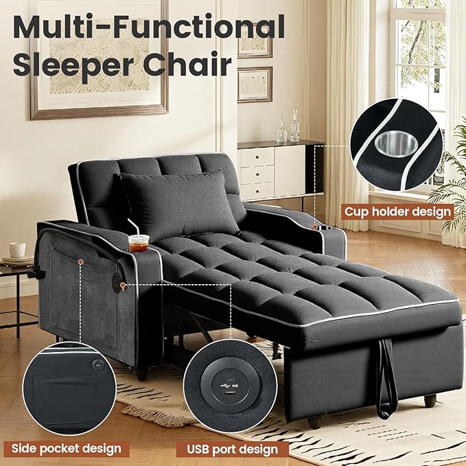 Sleeper Chair, Convertible Pull Out Chair Sleeper with Bracket and Cup Holder, Chairs Bed Sleepers for Adults, 3 in 1 Sofa Bed Chairs for Small Spaces, Living Room, Black