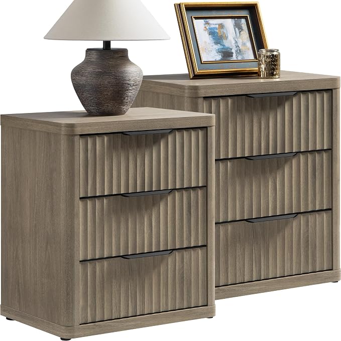 SICOTAS Night Stand Set of 2 Nightstands with 3 Drawers Storage Bedside Table Large Fluted Bed Side End Table Modern 25.6" Tall Wide Night Stands for Bedroom Living Room Sofa Couch Office, Grey Alder by SICOTAS