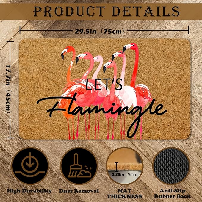 Funny Pink Flamingo Faux Coir Door Mat Doormat for Front Door Indoor Outdoor Porch Entrance Entryway Outside Inside, Let's Flamingle Summer Tropical Pink Welcome Mat, 17x30 Inches - Image 3