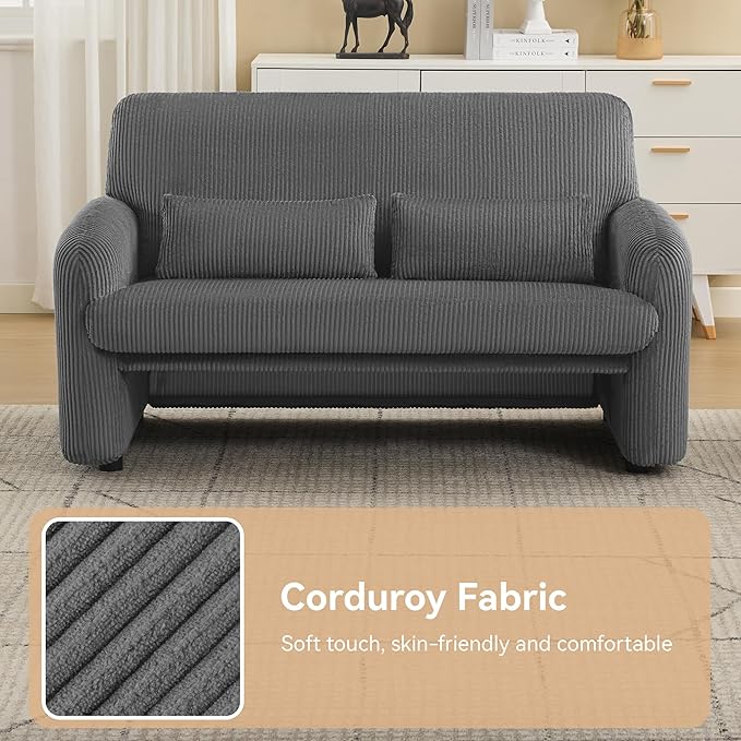 WUTUTUEE 56'' Corduroy Loveseat Sofa, 2 Seater Love Seat Couch for Small Space, Comfy Upholstered Modern Leisure Loveseat Couches with Lumbar Pillows for Bedroom, Office, Living Room, Grey