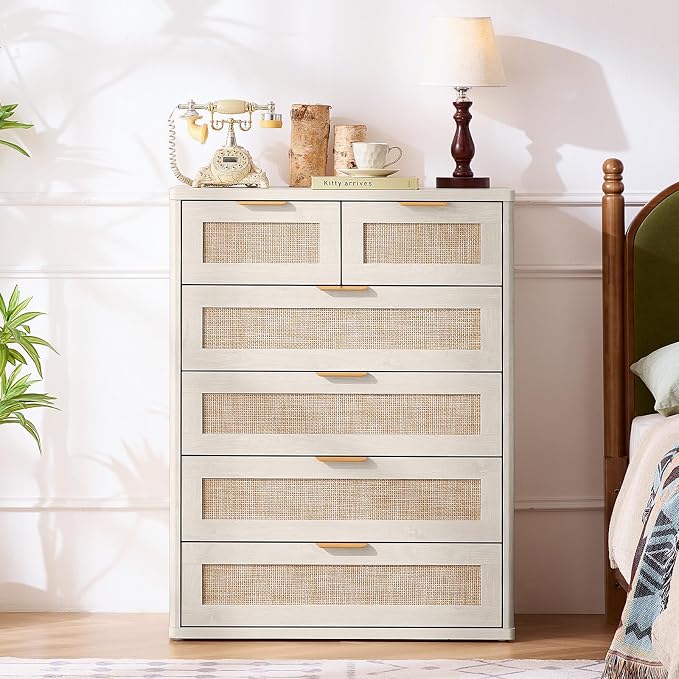 LEYAOYAO White Dresser for Bedroom, 41" Tall Chest of Drawers, Modern 6 Drawers Boho Rattan Dressers with Storage, Dresser Wooden Closet Organizer for Living Room, Hallway - Image 8