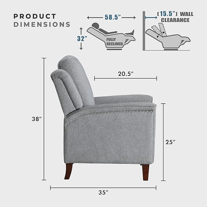 Lexicon Push Back Recliner Chair with Footrest, Reclining Sofa Armchair, Modern Chenille Fabric Recliner with Nailhead Trim for Living Room/Office/Apartment, Gray