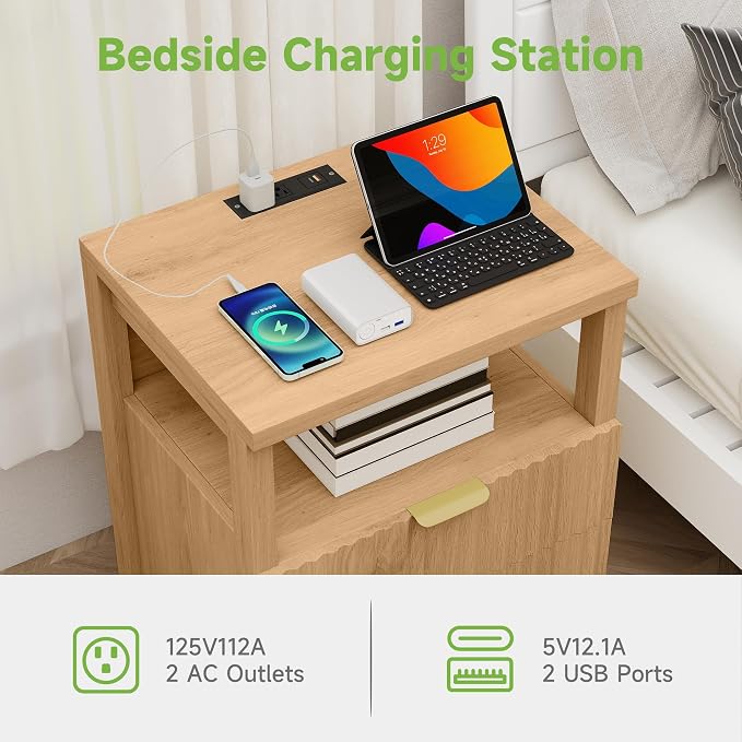 Real Relax Fluted Nightstand with Charging Station (2 Drawers) - Storage for Bedroom & Study, Small Home Side Table, Oak - Image 5