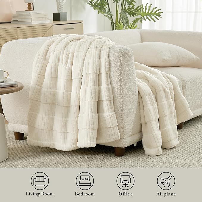 Amélie Home Luxury Striped Faux Fur Throw Blanket for Couch, Soft Cozy Fuzzy Fluffy Soft Plush Blankets Sofa Chair Gift Blankets for Women, 60"x80", Ivory