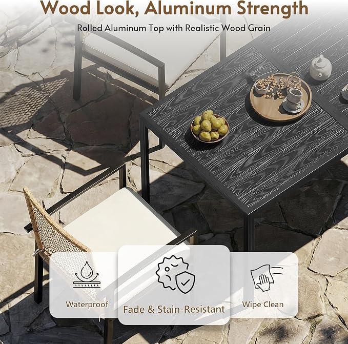 7-Piece Outdoor Dining Set for 6, Patio Dining Set with Hand-Woven Wicker Chairs & Cushions, 60" x 33" x 30" Wider Aluminum Woodgrain Table for Deck, Garden, Backyard - Image 3