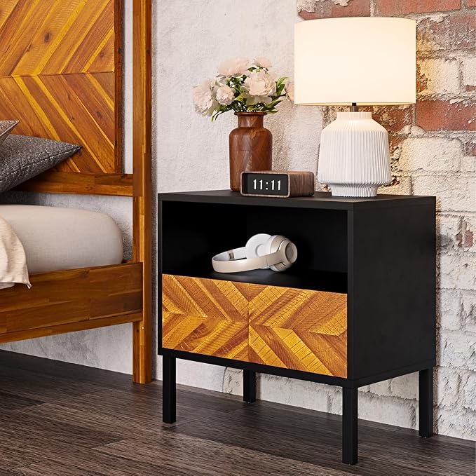 Bme Vivian Solid Wood Nightstand, End Table, Bedside Table with Herringbone Pattern for Rustic Bedroom, Easy Assembly, Rustic Golden Brown and Black - Image 9