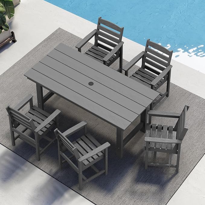 SERWALL Outdoor HDPE Dining Table Set, 7-Piece Outdoor Dining Table Sets with Umbrella Hole Cut-Out Table and 6 Chairs, Gray - Image 9