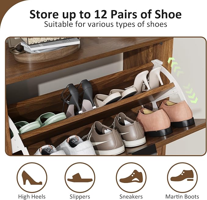 Shoe Cabinet Storage for Entryway with 2 Flip Drawers, Narrow Shoe Cabinet for Entryway, Hidden Slim Shoe Organizer Rack Cabinet (Brown, 23.6" W) - Image 5