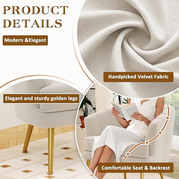 Andeworld Velvet Accent Chair, Upholstered Modern Single Sofa Side Chair,Comfy Barrel Club Living Room Armchair with Golden Metal Legs for Bedroom Living Reading Room Office, Beige