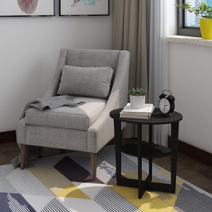 Furinno JAYA Side Table, 2-Tier Round Modern End Table with Oval Tabletop, Night Stand, Bedside Table with Open Shelf, for Living Room, Bedroom, Walnut - Image 2