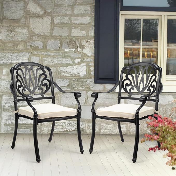 VINGLI Patio Chairs Set of 2 - Stackable Outdoor Cast Aluminum Dining Chairs with Vintage Black Finish and Floral Pattern, Metal Armchairs for Poolside, Backyard, Balcony (with Cushion) - Image 7