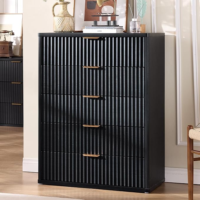 LEYAOYAO Fluted 5 Drawers Dresser for Bedroom Set of 2, 41" Tall Modern Chest of Drawers with Metal Handle, Curved Profile Design,Black Wood Drawer Organizer for Bedroom, Living Room, Hallway - Image 3