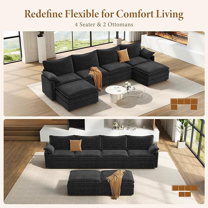 Vesgantti 142" U Shaped Sectional Cloud Couch, Large Cloud Modular Sectional Sofa with 2 Ottoman Deep Seat Corduroy Modern Modular Sofa Set for Living Room, Bedroom, Basement and Apartment, Gray