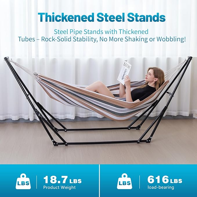Portable Hammock with Stand for Outside Foldable,Frabic Tension Adjustable Indoor,Carrying Bag Included, 616 lbs Weight Capacity, Suitable Garden Yard Outdoor Inhouse Multicolour - Image 6