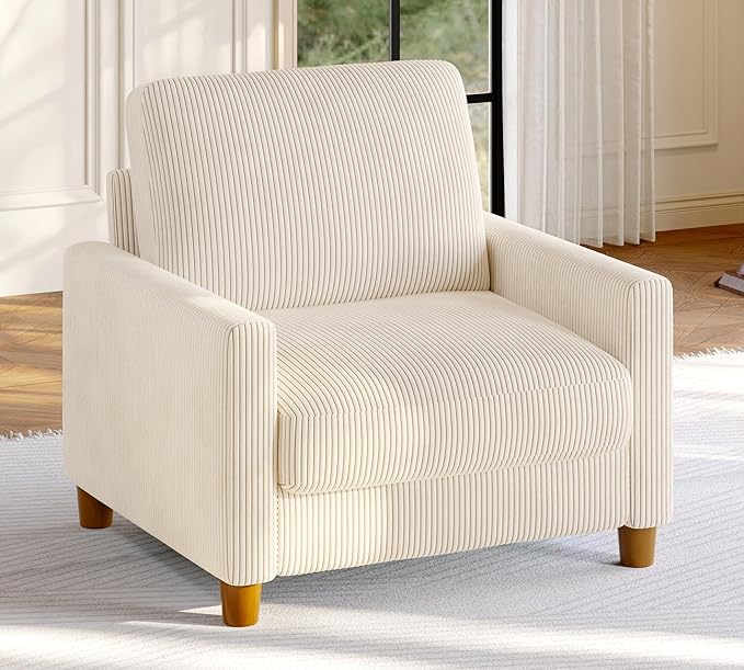 35.3" Couches for Living Room, Comfy Beige Couch Single with 22.5" Deeper Seat, Accent Chair Tool-Free Setup, Reading Chair 440lbs Support, Corduroy Couch for Bedroom, Apartment, Office