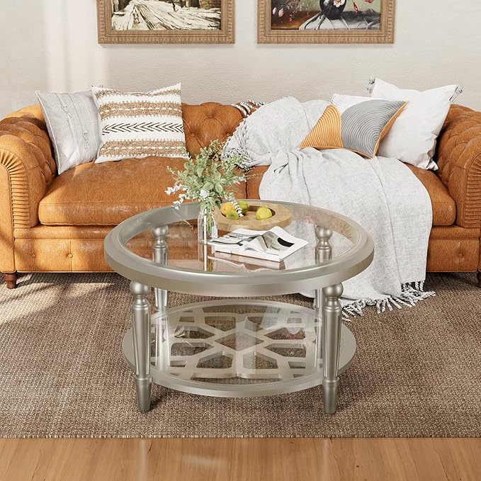 COSIEST 32" Round Glass Coffee Table with Storage, 2-Tier Modern Champagne Center Table for Living Room, Elegant Clear Glass Top Accent Table with Pine Wood Frame, Simple Home Office Furniture
