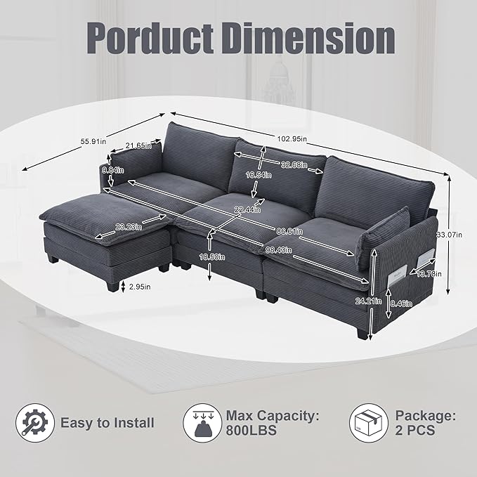 Modular Sectional Sofa Couch with Reversible Ottoman, 103" Oversized Corduroy Cloud Couch, 3 Seat Sectional Sofa with Solid Wood Frame and Side Pockets,for Living Room & Apartment