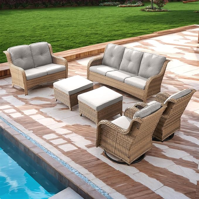 Rilyson Patio Furniture Swivel Chairs Set - 6 Piece Wicker Rattan Outdoor Sectional Conversation Sets with 2 Rocking Swivel Chairs,2 Ottomans,1 Sofa and 1 Loveseat for Porch Deck(Yellow/Beige)
