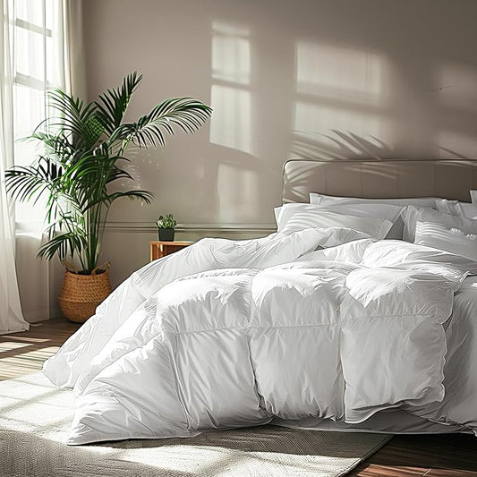 Serta Goose Feather Down Fiber Cotton Comforter King Size - 100% Cotton Duvet Insert - Hotel Luxury Hypoallergenic Bedding Comforter Light Warmth 106 x 90 Inch White